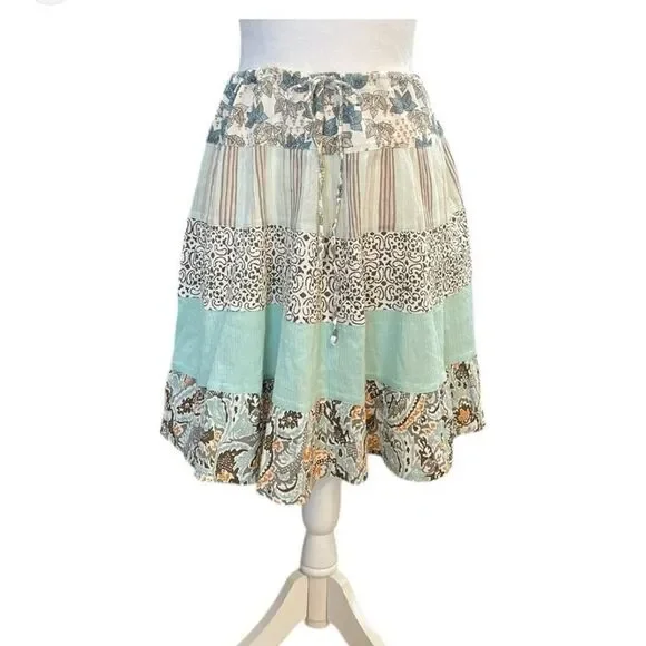 Columbia Spring Boho 100% Cotton Gauze Tiered Mini Skirt Blue Brown Size M - Picture 6 of 11